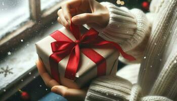 Close-up image of a pair of hands tying a red ribbon around a carefully wrapped Christmas gift.. Generative AI photo