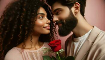 Close-up photo of a diverse couple, a woman with curly hair and a man with a beard, exchanging glances with deep affection.. Generative AI