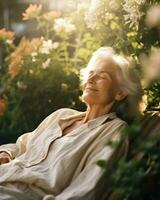 Elderly woman seated in a chair adorned with flowers.. Generative AI photo