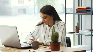 attraktiv ung affärskvinna njuter arbetssätt på henne kontor video