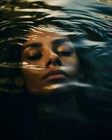 Minimalistic photography captures the peacefulness of a woman submerged in water with her eyes closed.. Generative AI photo