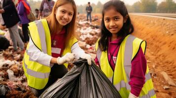 Two girls working together to pick up trash, showcasing teamwork.. Generative AI photo