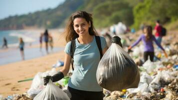 joven mujer voluntario con un brillante sonrisa, coleccionar basura.. generativo ai foto