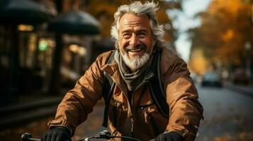 Joyful senior man riding a bicycle in an urban environment.. Generative AI photo