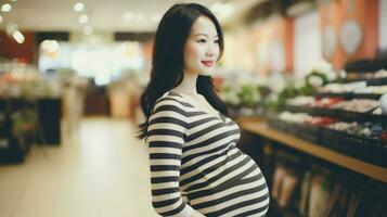 asiático embarazada mujer compras en un supermercado. generativo ai foto