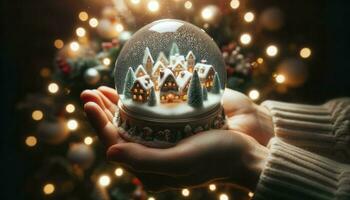 A hand, illuminated by ambient festive lights, holds a delicate snow globe in close-up.. Generative AI photo