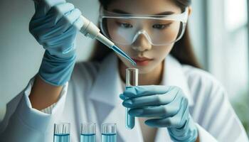 A close-up of a female scientist of Asian descent, meticulously dropping a blue liquid into a test tube using a pipette.. Generative AI photo