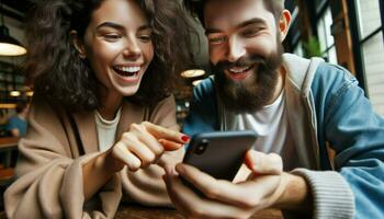 Close-up photo of a young woman with brown skin and curly hair, enthusiastically showing her friend, a Caucasian man with a beard, a new smartphone. Generative AI