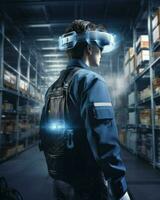 A futuristic digital warehouse manager checks the warehouse with vr glasses. Generative AI photo