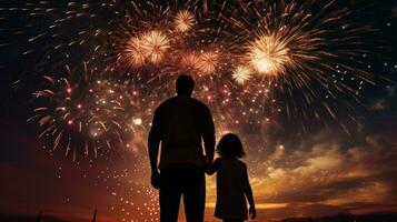 A father holding his little daughter's hand watches a fireworks display. Generative AI photo