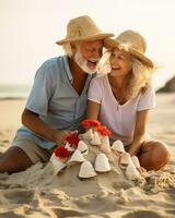 un mayor Pareja es edificio un arena castillo en el playa. generativo ai foto