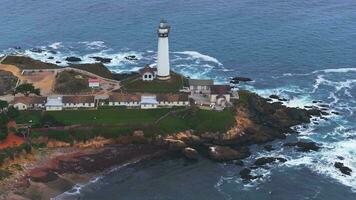 Aerial view of the Pigeon Point Lighthouse. Pigeon Point Lighthouse in California. Moody west coast at sunset. video