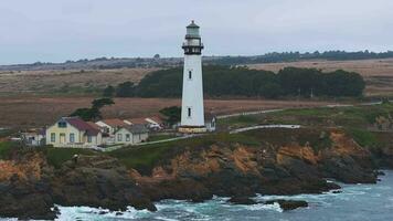 Aerial view of the Pigeon Point Lighthouse. Pigeon Point Lighthouse in California. Moody west coast at sunset. video