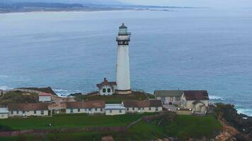 Aerial view of the Pigeon Point Lighthouse. Pigeon Point Lighthouse in California. Moody west coast at sunset. video