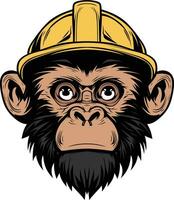 Monkey wearing a hard hat vector illustration, Labor monkey, Ape wearing a yellow hard hat stock vector image