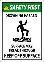 Safety First Sign Drowning Hazard - Surface May Break Through, Keep Off Surface vector
