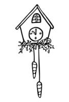 Doodle cuckoo clock on the wall with Christmas decoration. Simple line drawing.Trendy doodle vector illustration. Pre-made logo or icon for your design. Isolated on white background.