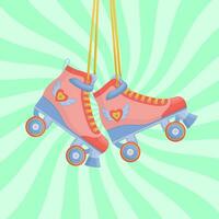 Pair of roller derby skates. Retro quad roller skate on trendy groovy background. 80s and 70s sport activity vector illustration. Bright shoes for poster, banner, card, cover, label, ad, stickers