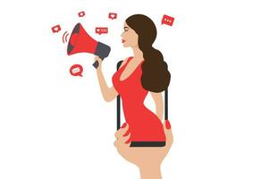 Woman shouting in loud speaker with social media icons. Influencer social media marketing, vlogger, youtuber, social influencer and influencer marketing concept vector