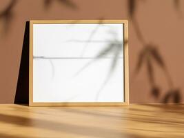 Mock up for presentation, branding products, cosmetics, food or jewellery. Empty table on bright brown wall background. Composition with leaves shadow on the wall and wooden desk. photo