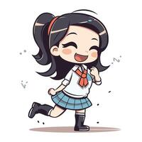 linda pequeño niña en colegio uniforme corriendo y sonriente. vector ilustración.