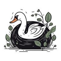 Swan in the pond. Hand drawn vector illustration in cartoon style.