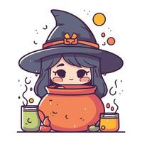 Cute little witch with a pot of potion. Vector illustration.