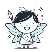 Cute little angel holding a paintbrush. Cartoon vector illustration.