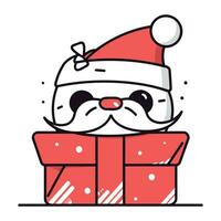 Cute kawaii snowman in Santa hat and gift box. Vector illustration.