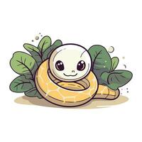 Cute snake with green leaves. Vector illustration on white background.
