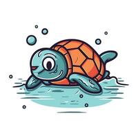 Cute cartoon sea turtle swimming in the water. Vector illustration.