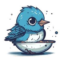 Cute cartoon blue bird eating from a bowl. Vector illustration.