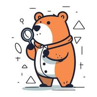 Cute bear with magnifying glass. Vector illustration in thin line style.