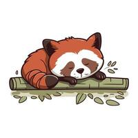 Cute cartoon red panda sleeping on a log. Vector illustration.