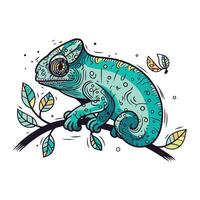 Chameleon on a branch with leaves. Colored vector illustration in doodle style.