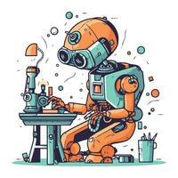 Vector illustration of a robot sitting at the table and working with a microscope.