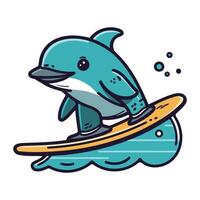 Cute dolphin surfing on surfboard. Vector illustration isolated on white background.