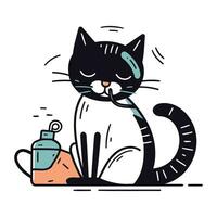 Cute cartoon cat with a bottle of shampoo. Vector illustration.