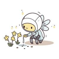 astronauta con narcisos linda dibujos animados vector ilustración.