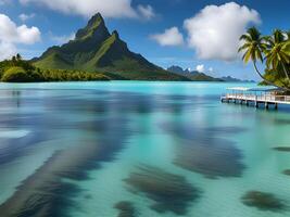 blue ocean water, clouds and mountains with blue sky. photo