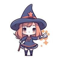 Cute little witch girl in halloween costume. Vector illustration.