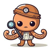 Cute cartoon octopus with magnifying glass. Vector illustration.