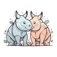 Vector illustration of a pair of rhinoceros and hippo.