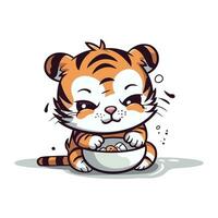 Cute cartoon tiger eating a bowl of food. Vector illustration.