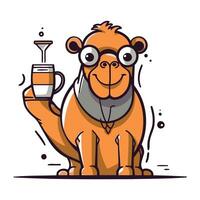 Cute cartoon monkey in glasses holding a cup of coffee. Vector illustration.