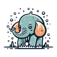 Cute elephant in the rain. Vector illustration in cartoon style.