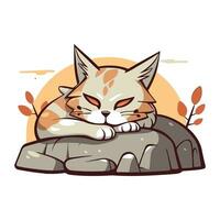 Cute cat sleeping on a rock. Vector illustration in cartoon style.