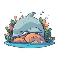 cute dolphin with seaweed and flowers cartoon vector illustration graphic design