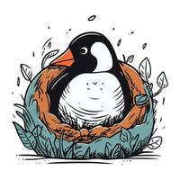 linda pingüino en el nido. vector mano dibujado ilustración.