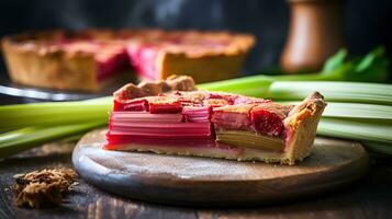 Rhubarb and Raspberry Tart with Crumble Topping on Wooden Board photo